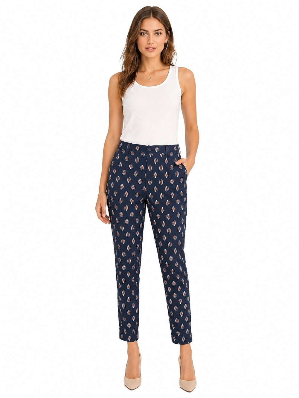 Zara Navy Printed Slim Ankle Pants Women Size L